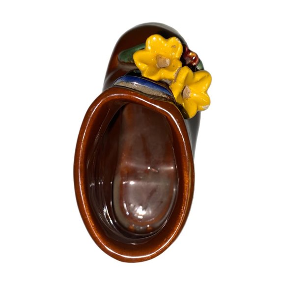 Brown Ceramic Baby Shoe Boot With Yellow Flowers Attached Planter - Picture 4 of 5